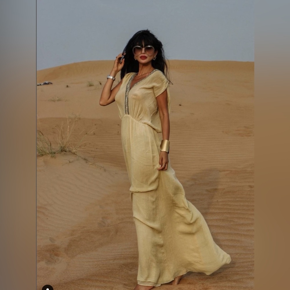 Zara dress maxi flowy butter yellow beaded embroidered boho summer vacation